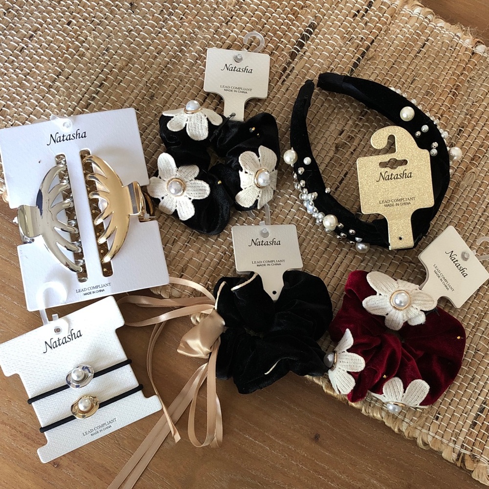 Natasha Couture Black Velvet Headband and Mixed Hair Accessory Set